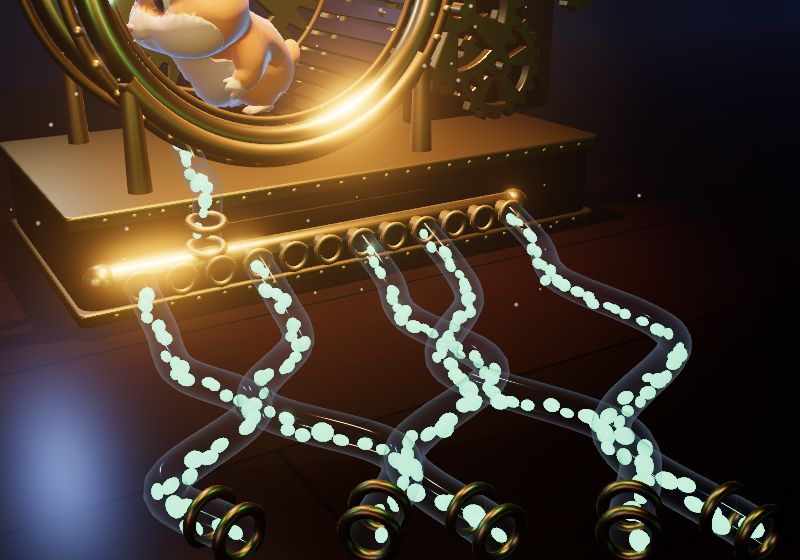 Glowing pellets leaving the brass manifold through glass tubes