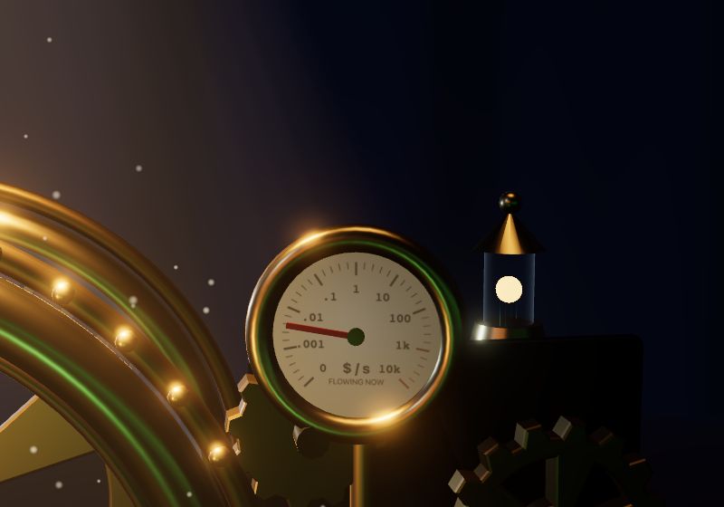 The brass gauge on the machine, its needle showing dollars per second
