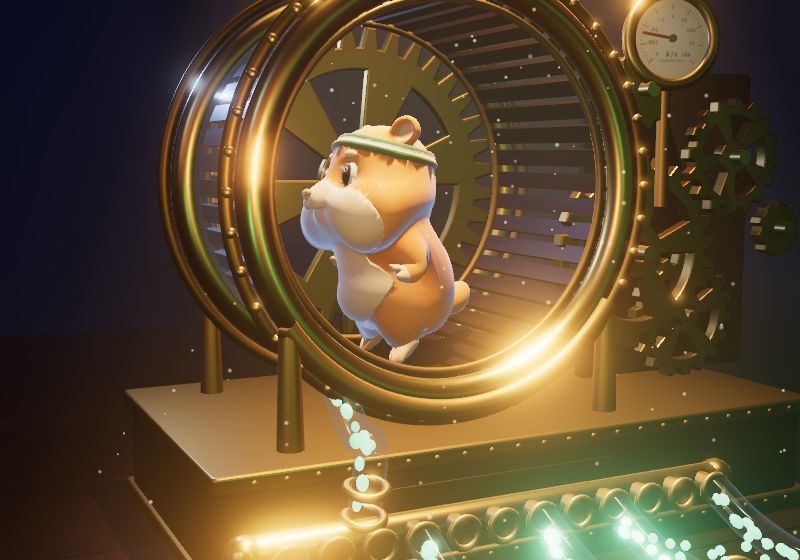 The hamster in the wheel while a tube end bursts with pellets